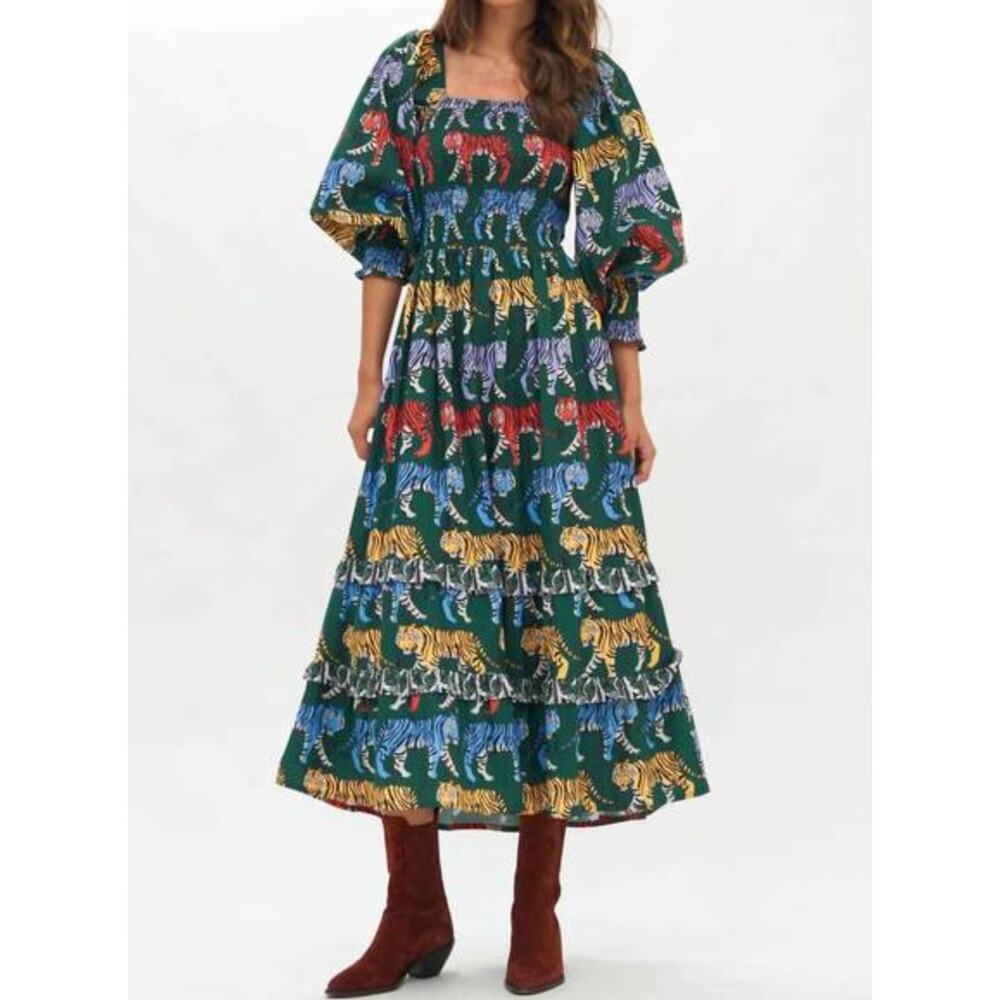 Oliphant Smocked Top Puff Sleeve Ruffle Midi Dress Tiger Print Green Raj Cotton
